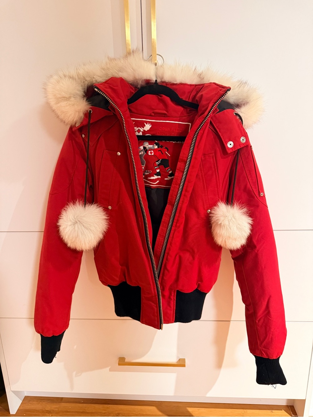Moose Knuckles Red Kids Puffer Jacket with Faux-Fur Trim